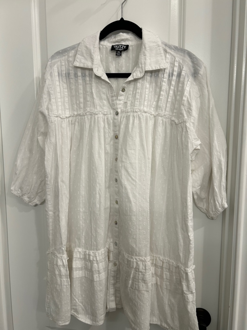 Glitz White Button-Front Swiss Dot Blouse
